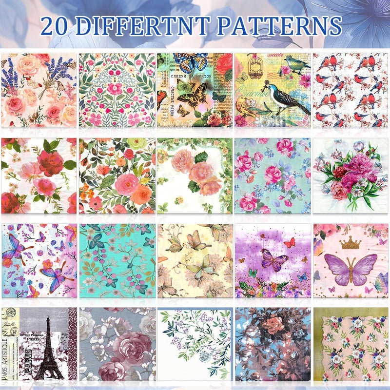 WEI LONG 20 Pcs Assorted Decorative Napkins for Decoupage Paper Napkins Elegant Floral Cocktail Napkins Print Tissue Paper for DIY Crafts, Card Making, Junk Journal, Wall Decor 20 Styles,6.5x6.5 inch (01) - Image 5